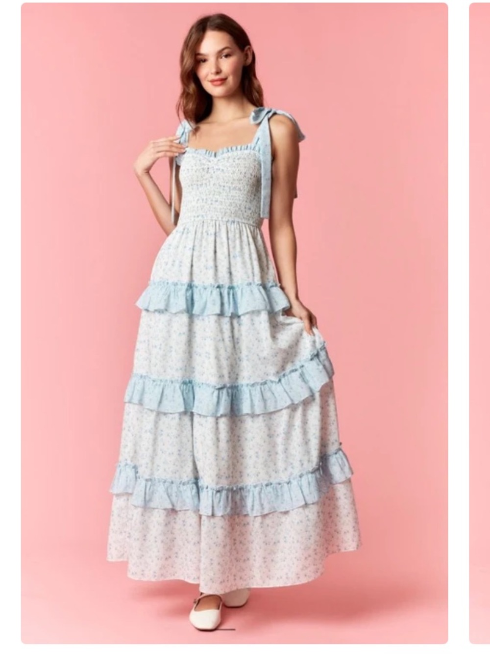 Peach Love California Light Blue Floral Ruffle Maxi Dress
